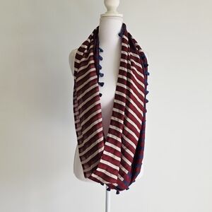 J. Crew 100% Silk Striped White/Blue/Wine Tasseled Infinity Scarf